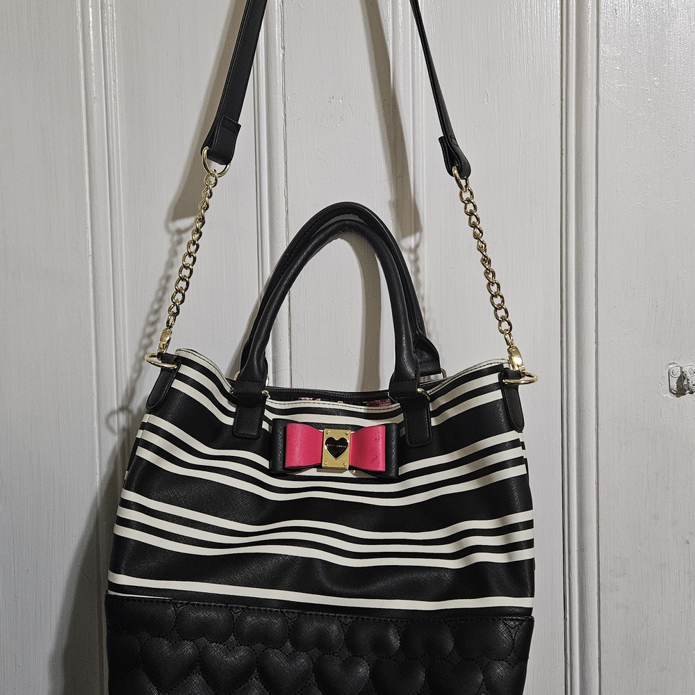 Betsey Johnson Black and White Shoulder Bag with Stripes